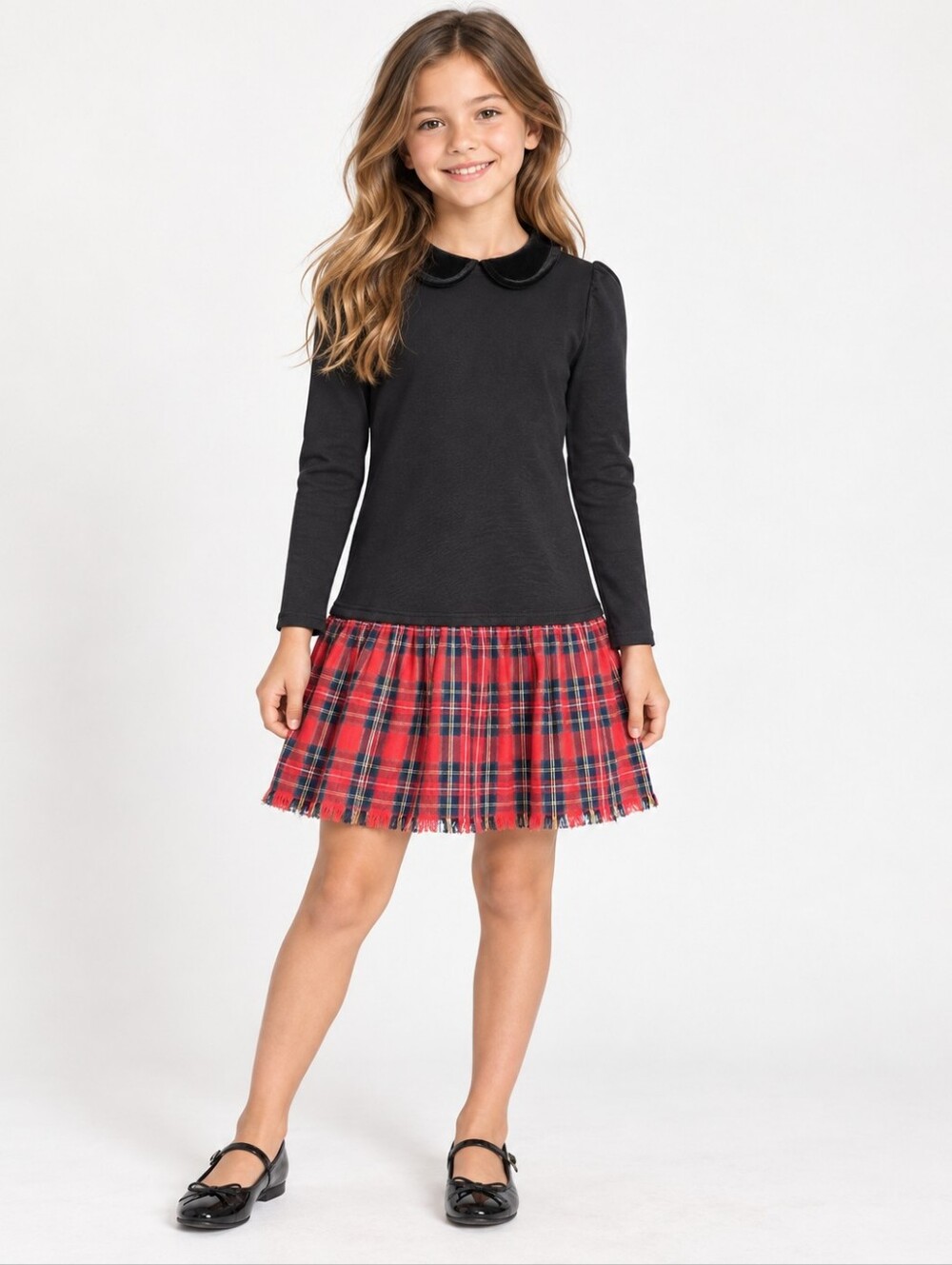 Ralph Lauren Girls Size L Black Tartan Plaid Drop Waist Long Sleeve Dress